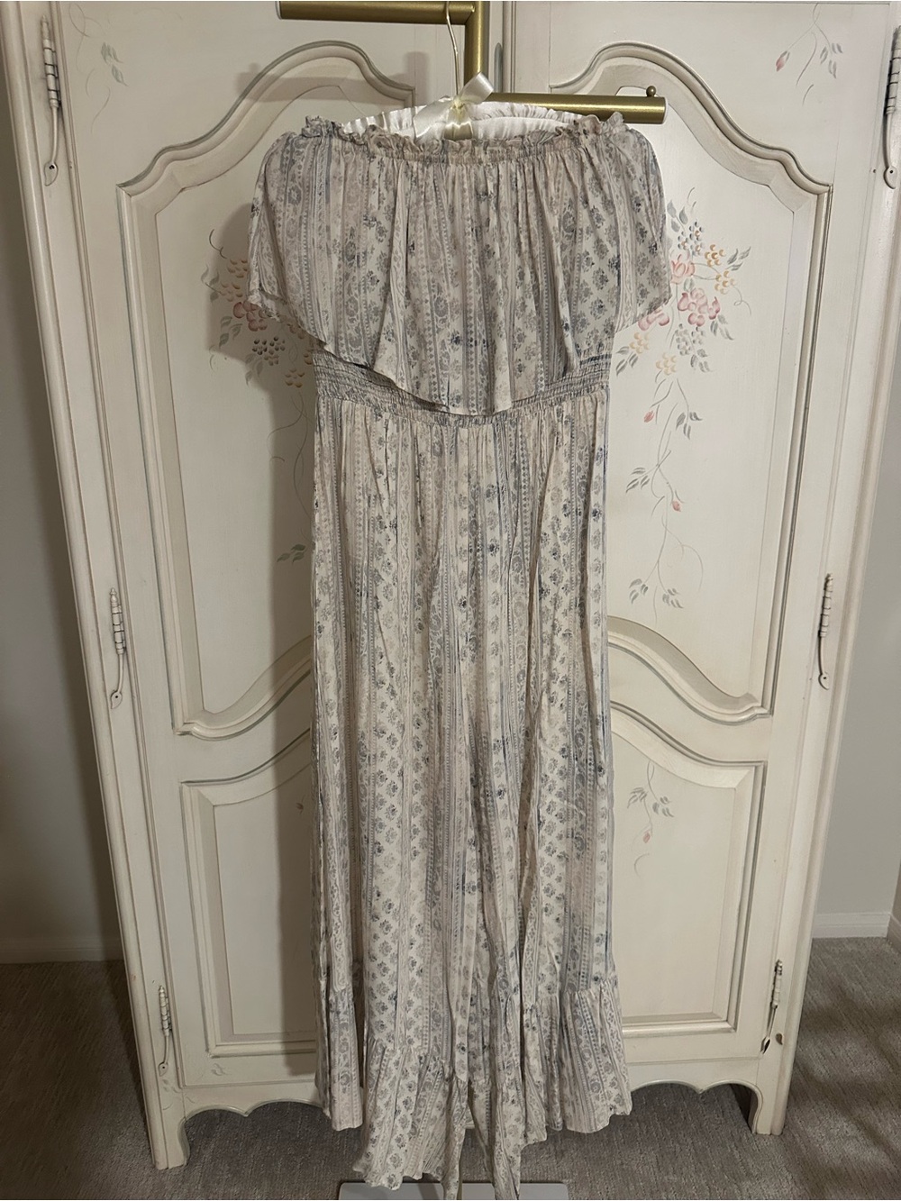 Off-Shoulder Cream & Gray Ruffled Romper